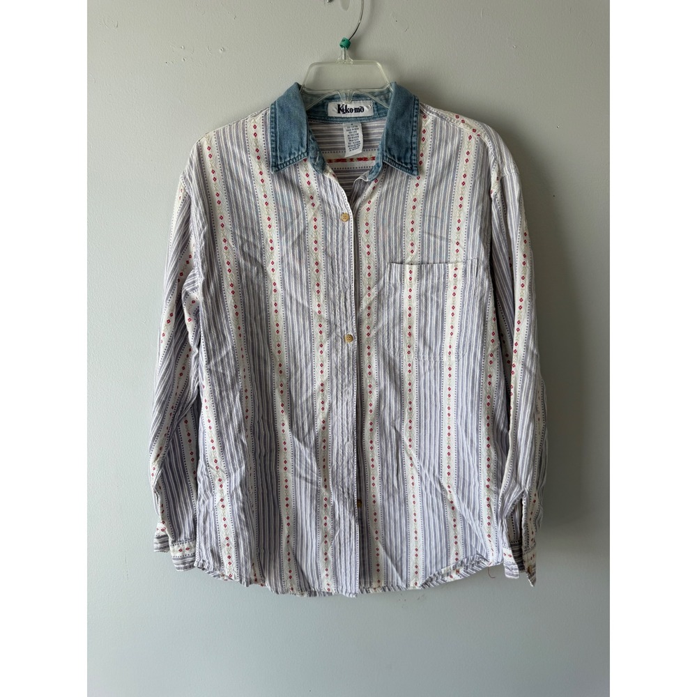 Kiko-mo Vintage 100% Cotton Button Down Shirt Striped Floral Denim Collar Small - Picture 1 of 7